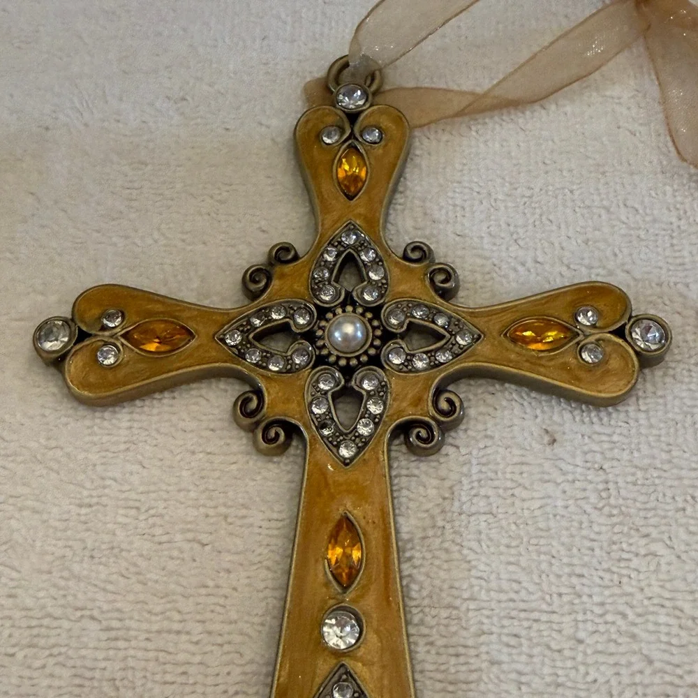 Kirklands Hanging Cross Ornament Yellow Enamel Rhinestone Excellent Ornate Boxed